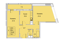 2-х комнатная квартира, улица Советская, дом 6 , площадь 72,05, этаж 17